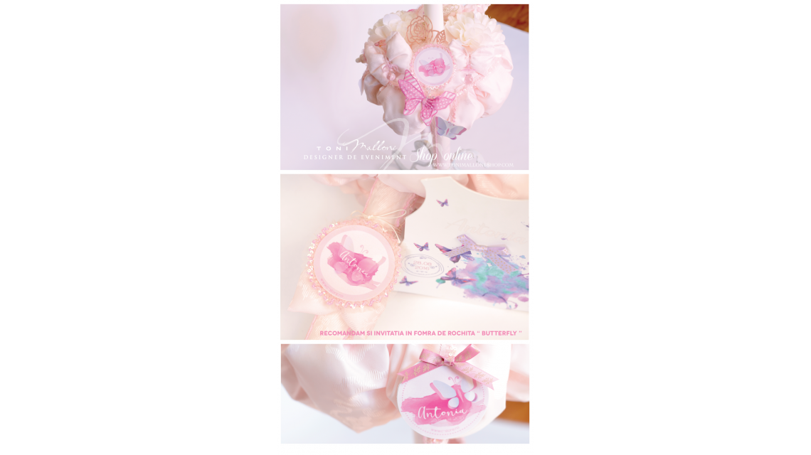 Lumanare de botez pentru fetite cu fluturi si dantele roz, 65x4cm,  Pink Butterfly  6